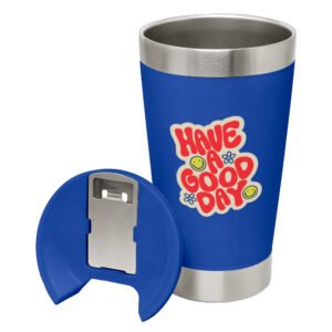 COPOS COM ADESIVO DTF UV COPOS TÉRMICOS MODELO COM ABRIDOR 470ML LINHA PREMIUM - Azul com tampa azul / 1un.